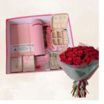 Luxe Pink Box Face Mask, Bottle, Notebook Nail Care essentials, Chocolate & Necklace
